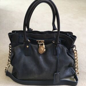Michael Kors Navy Leather Satchel with Gold Hardware